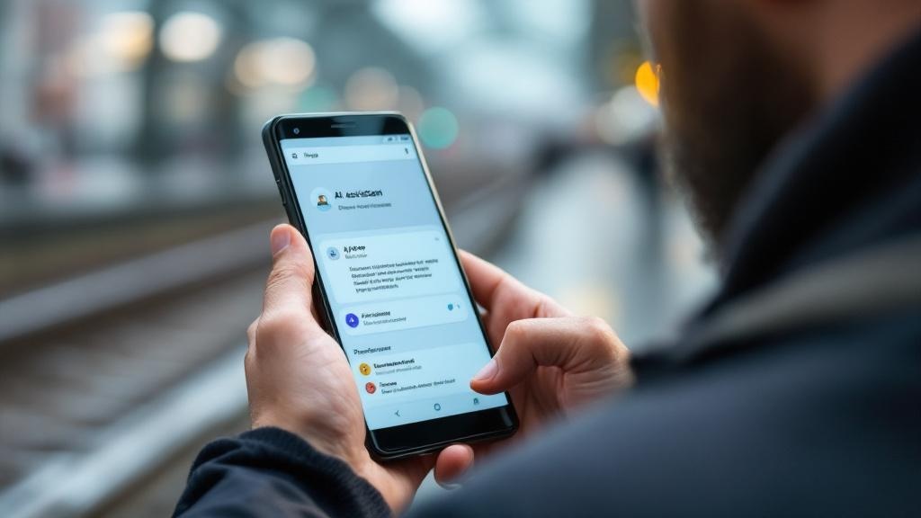 Editorial photograph of a person using an Android smartphone in a modern European urban setting, such as a commuter reading on a train platform at Brussels-Midi station or a student at a university li
