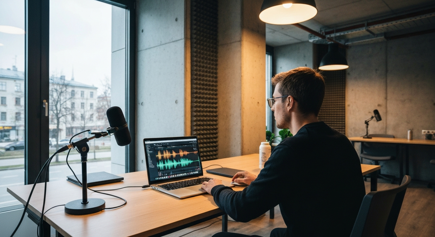 A wide-angle editorial photograph taken inside a modern co-working space in Warsaw, Poland. A creator in their late twenties sits at a minimal desk with a laptop displaying audio waveforms, a good-qua