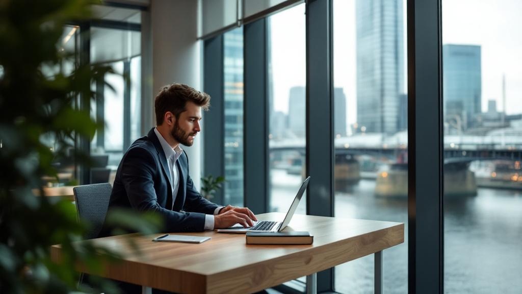 A wide-angle editorial photograph taken inside a modern co-working space in London's Canary Wharf district. A professional in their thirties sits at a standing desk with a laptop open showing a conver
