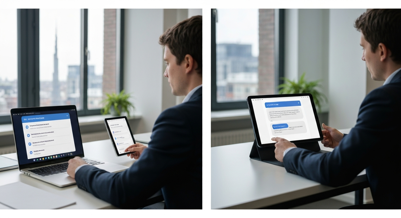 A wide-angle editorial photograph taken inside a modern open-plan European office, likely in Amsterdam or Berlin, showing two professionals reviewing AI-generated text on a large monitor. The interfac