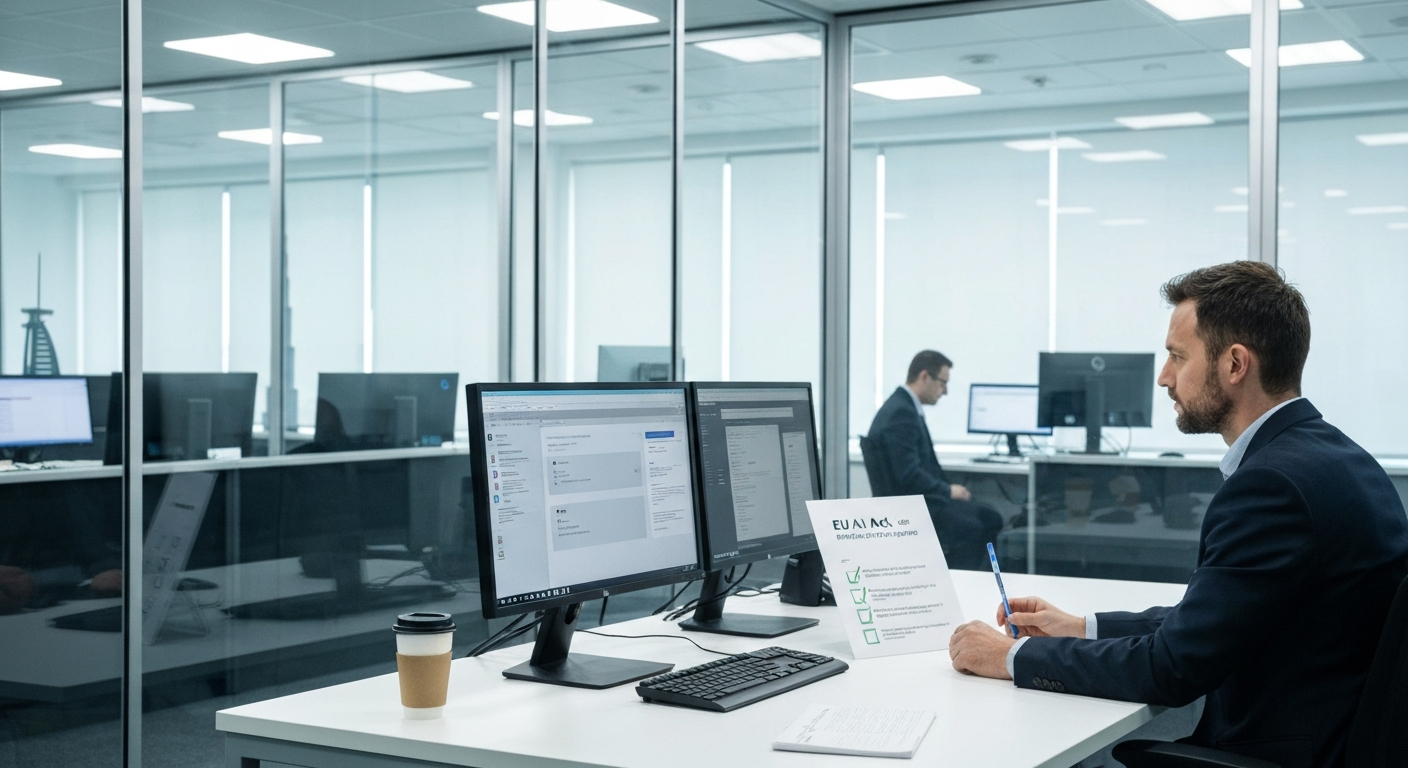 An editorial photograph of the ETH Zurich campus main building facade, photographed from street level on a grey overcast day. In the foreground, a researcher holds a tablet displaying a multilingual d