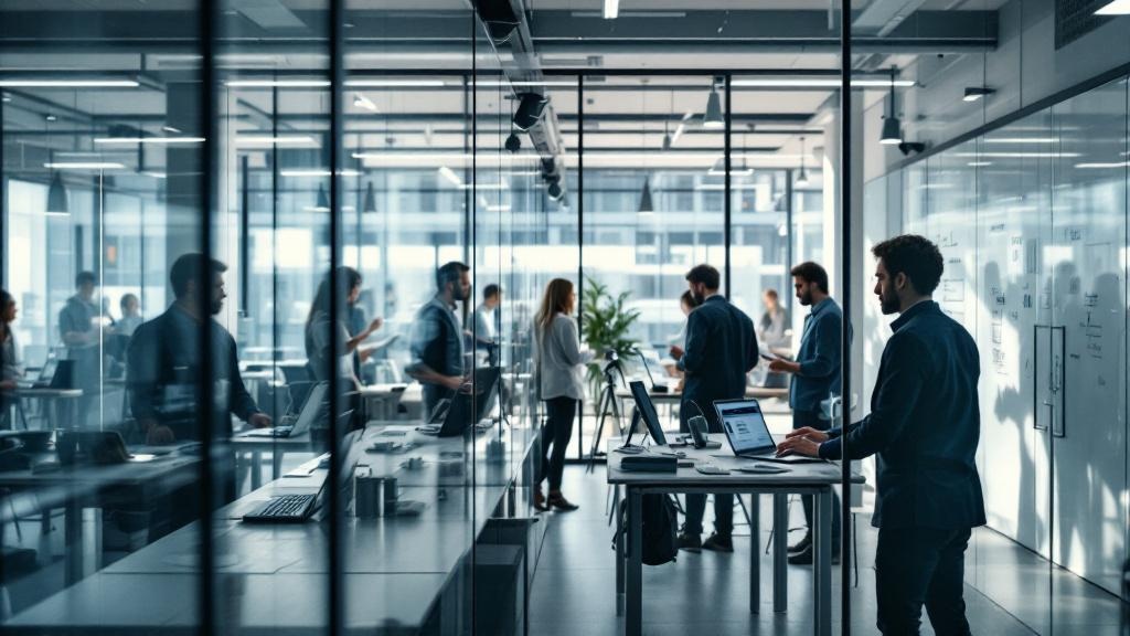 Editorial photograph taken inside a modern AI research facility in London's King's Cross technology district, showing a glass-walled collaboration space where researchers and engineers work side by si