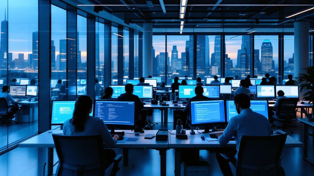 Editorial photograph taken inside a contemporary European AI research office, rows of researchers and engineers working at adjacent desks with large monitors displaying language model training visuali