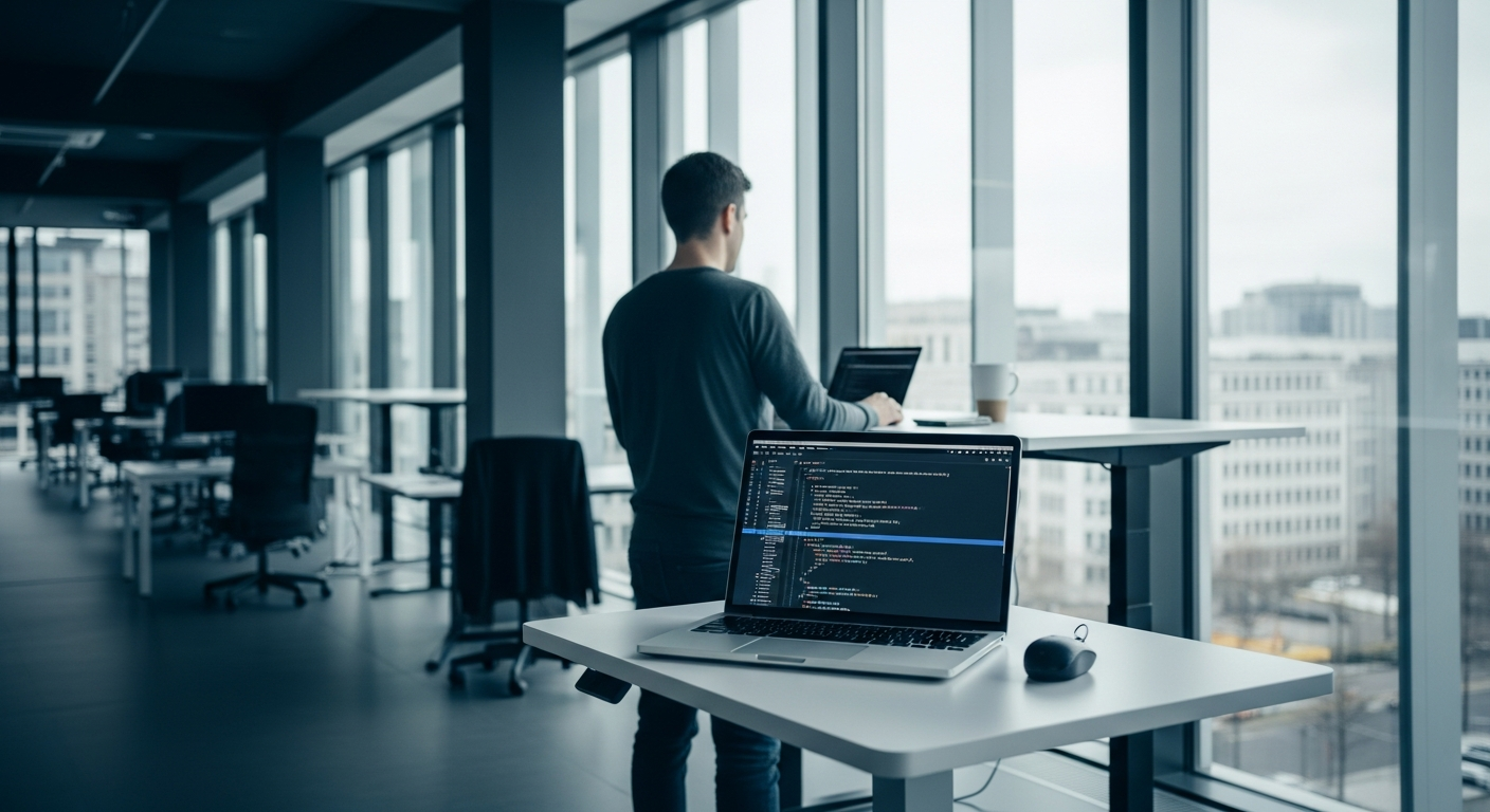 An overhead shot of a developer's desk in a modern co-working space, laptop open showing a code editor with an AI chat panel, coffee cup to one side, natural daylight from a window overlooking a Europ