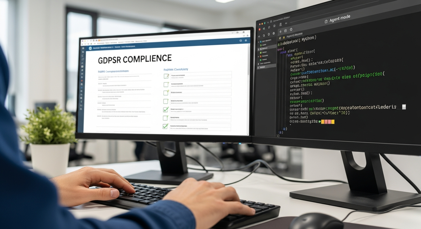 A wide-angle photograph of a server rack inside a well-lit European data centre, technician in the background reviewing a tablet, branding deliberately out of frame; cool blue and white lighting, stee