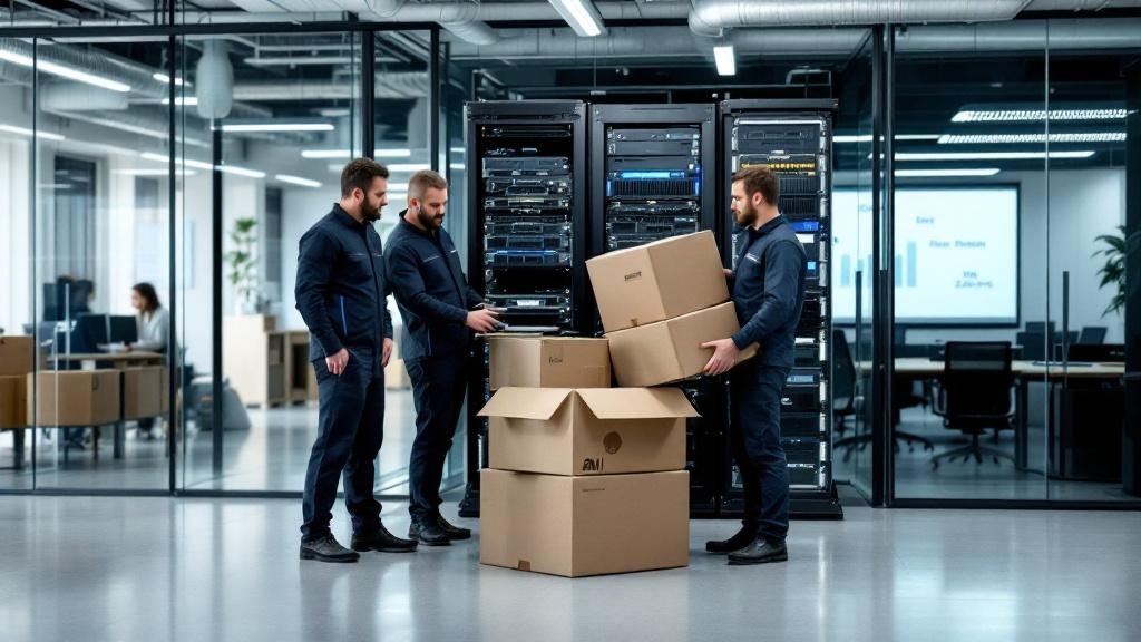 Editorial photograph taken inside a modern European enterprise IT environment, showing a rack of newly unboxed AI workstations being set up by two IT technicians in a clean, well-lit server staging ro