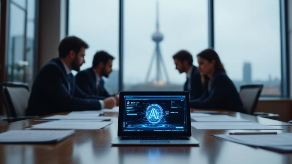 Editorial photograph taken inside a European intellectual property law firm, showing a legal team reviewing documents at a long conference table. A laptop screen in the foreground displays an AI-gener