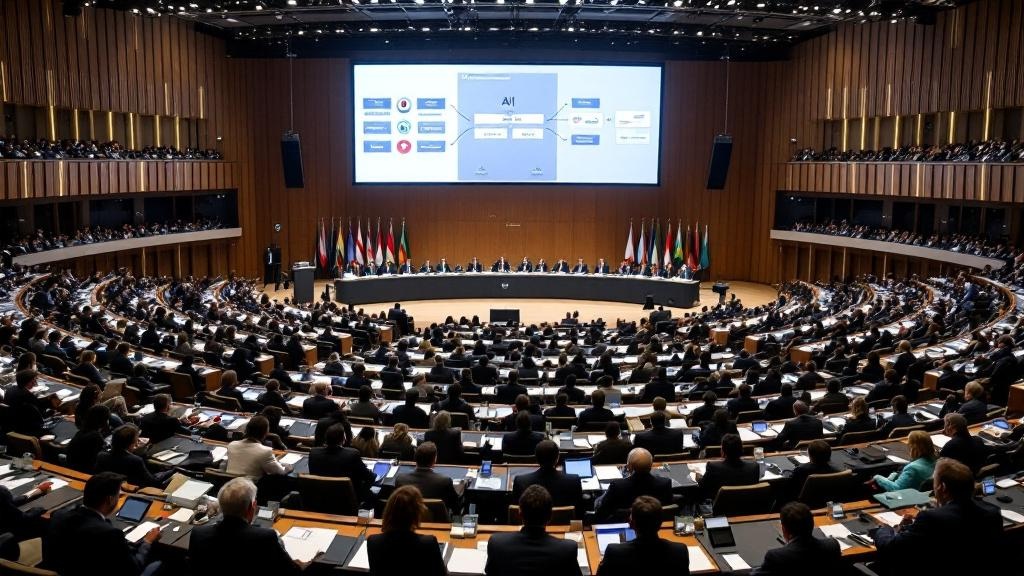 Editorial photograph taken inside a high-capacity international conference centre, wide-angle shot showing rows of seated delegates from diverse nations, national placards visible on tables, large dig