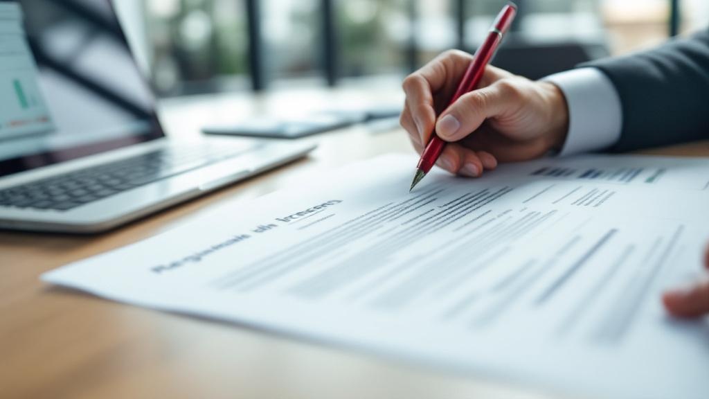 Close-up editorial photograph of a legal or compliance professional's hands on a desk, annotating a printed multi-page regulatory document with a red pen. A laptop with a spreadsheet open sits to one 
