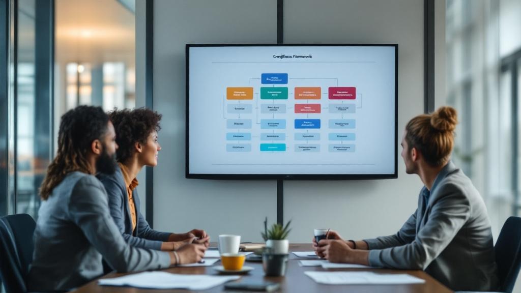 Editorial photograph of a small team of three people, diverse in age and gender, gathered around a large wall-mounted monitor in a glass-walled meeting room. The screen displays a flowchart or complia
