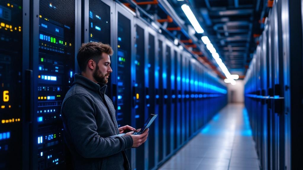 A wide-angle photograph inside a European data centre, rows of GPU servers with blue and white indicator lights visible, a technician in a grey fleece reviewing training metrics on a laptop in the for