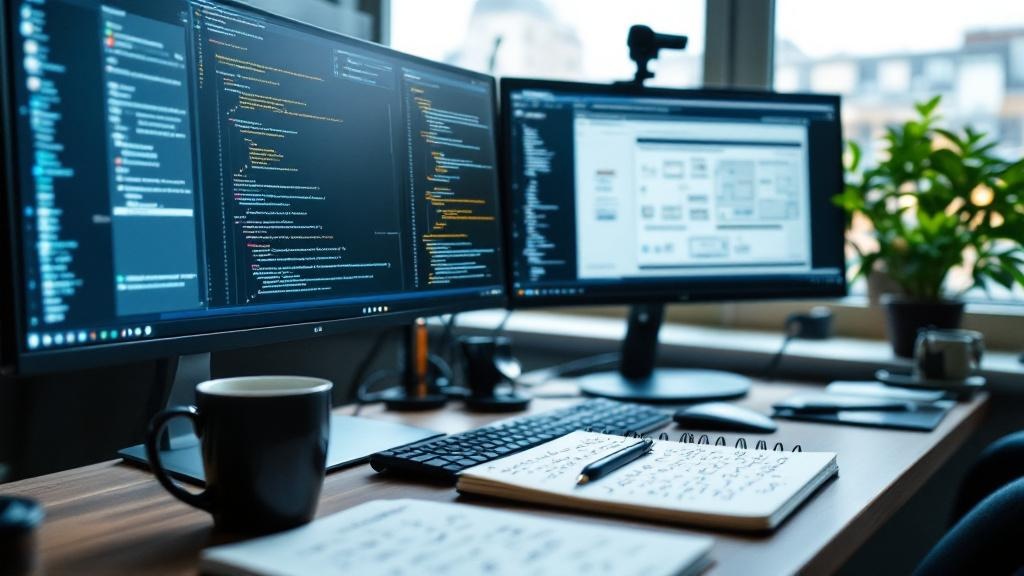 Close-up editorial photograph of a developer's workstation in a compact Paris or Heidelberg startup office: two monitors showing code and model architecture diagrams, a coffee cup and a notebook cover