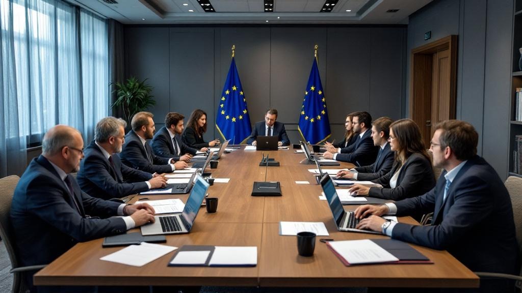 Photograph of a formal European policy meeting in a mid-sized conference room: officials and technical experts seated around a rectangular table covered in printed documents, laptops open, no visible 