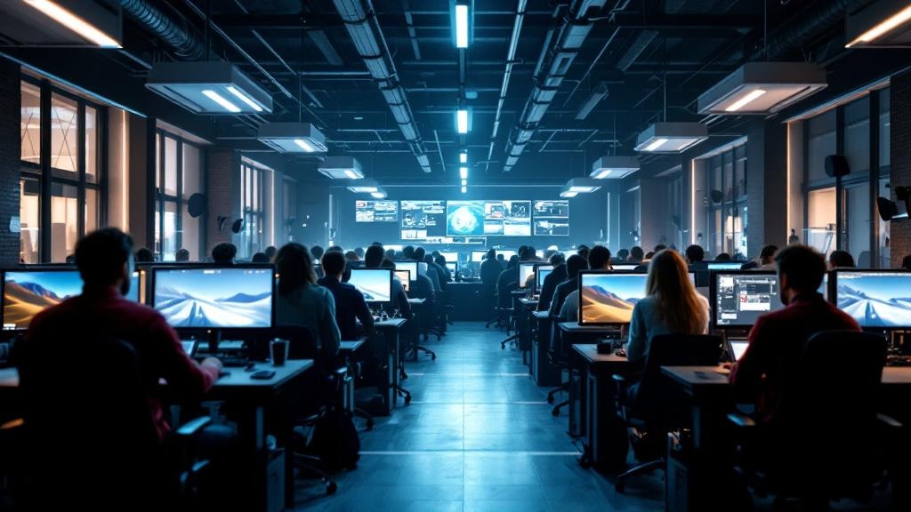 A wide-angle photograph of a modern European game development studio interior, rows of high-specification workstations with dual monitors displaying 3D environment software, soft overhead lighting, a 