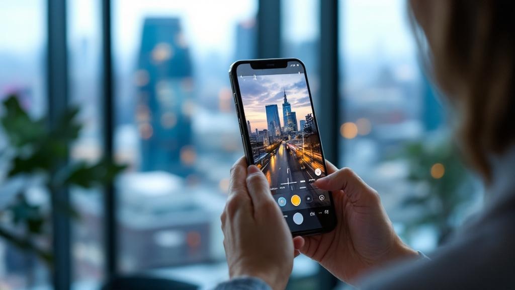 A close-up editorial photograph of a person using an Android smartphone in a modern co-working space, the phone screen showing a generative AI image editing interface with an annotation overlay. Backg