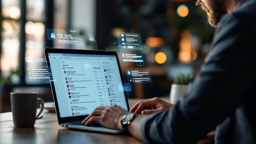 Editorial photograph taken inside a modern European open-plan office, possibly a co-working space near Canary Wharf or a glass-fronted tech campus in Berlin. A professional in business-casual attire r