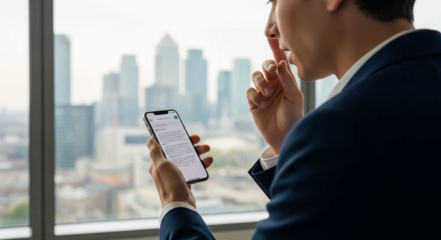 A person in a professional European office environment speaking quietly into an iPhone while reviewing text on screen, natural light from large windows, background softly showing a city skyline consis