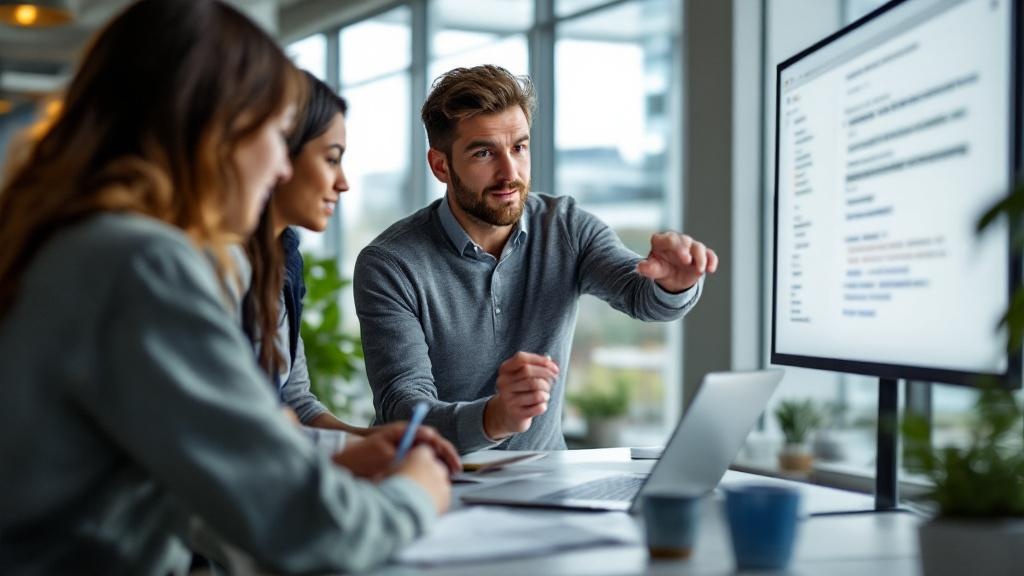 A wide-angle editorial photograph taken inside a modern co-working space in London's Canary Wharf district. A diverse group of three professionals, a woman in her thirties reviewing a laptop screen, a