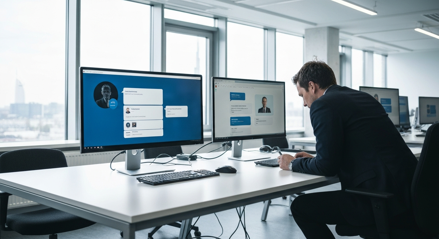 A wide-angle editorial photograph taken inside a modern European technology workspace, such as a Berlin co-working hub or a Brussels innovation centre. Two large monitors sit side by side on a clean w