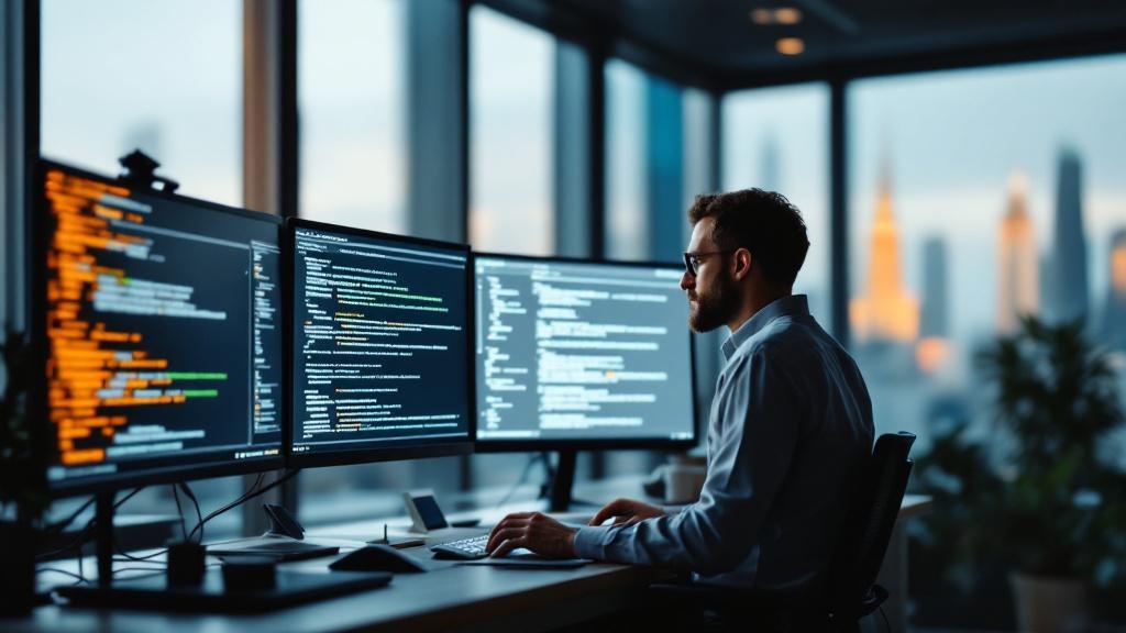 A developer at a standing desk in a modern European tech office, multiple monitors displaying multilingual text and translation output in several European scripts including Latin, Greek, and Cyrillic.
