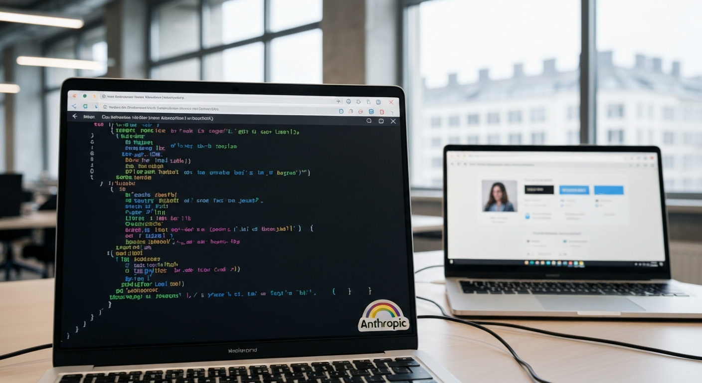 A developer's workstation photographed in a modern open-plan office in a European city, showing a terminal window with command-line text on a dark background, a Google Workspace tab visible in a secon