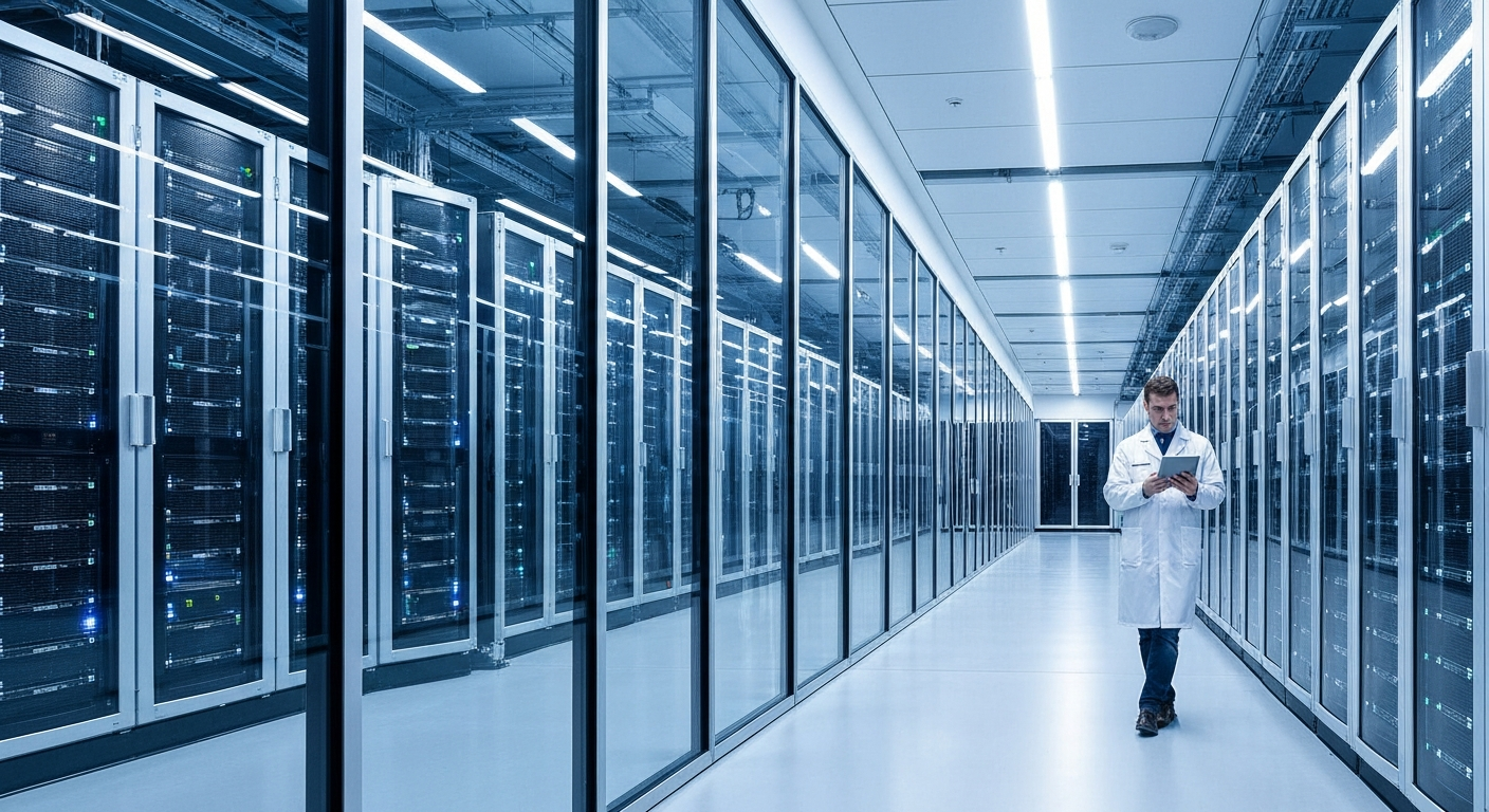 Wide-angle photograph of a glass-walled data centre corridor in a European facility, rows of illuminated server racks visible through the glass, a lone engineer in a white coat reviewing a tablet in t
