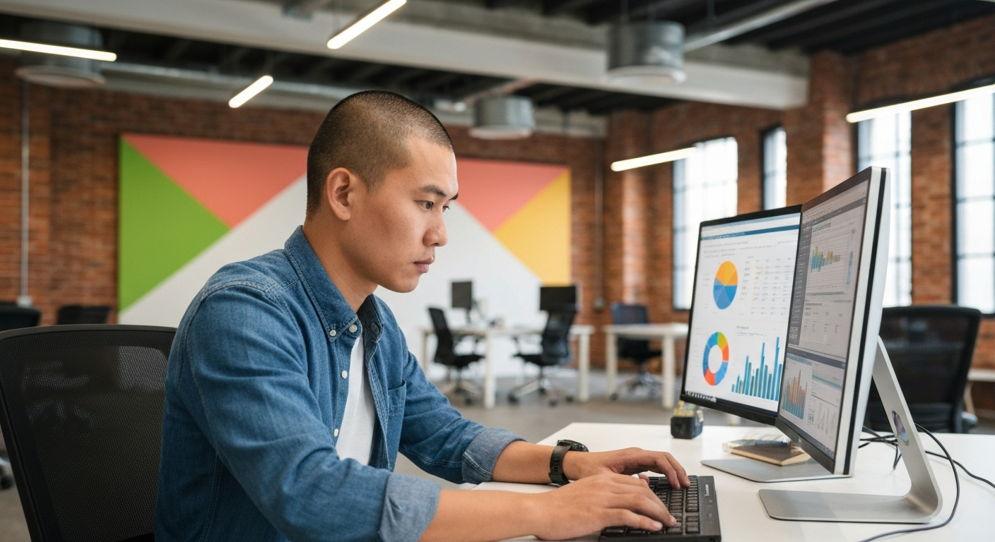 A wide-angle photograph taken inside a modern European software engineering workspace, likely Berlin or Amsterdam, showing two developers reviewing code on large monitors displaying Android Studio wit
