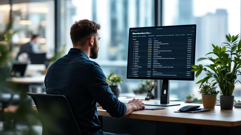 An editorial-style photograph of a developer at a standing desk in a co-working space near Canary Wharf, London, with a laptop open to a benchmarking results table. The screen clearly shows a ranked l