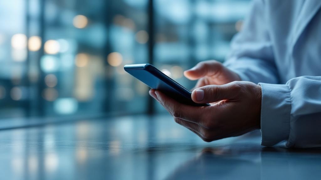 Editorial photograph taken inside a contemporary European technology workspace, showing a close-up of hands typing on a smartphone with a blurred background featuring the glass facade of an ASML clean