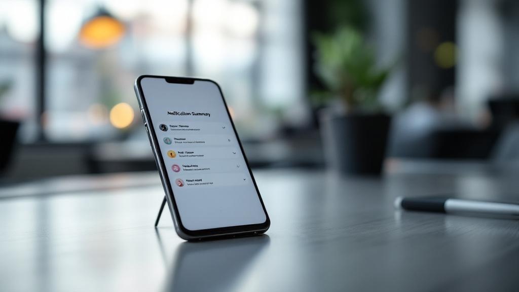 A close-up editorial photograph of a modern Android smartphone resting on a desk in a European co-working space, screen displaying a clean notification summary interface. Soft natural light from a lar