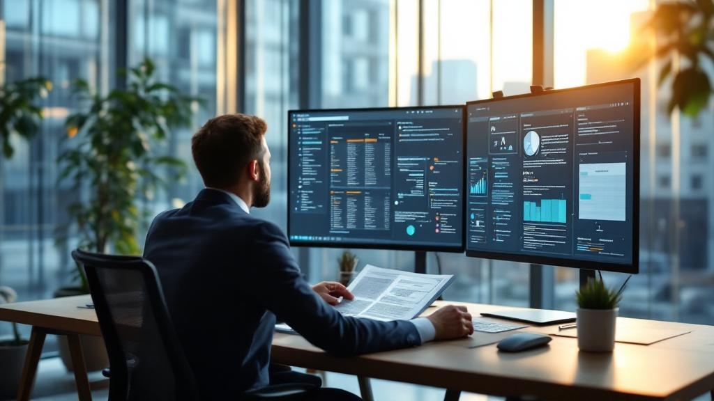 A wide-angle photograph taken inside a modern European professional office environment, perhaps a glass-walled legal or engineering firm in Canary Wharf or central Frankfurt. A professional in busines
