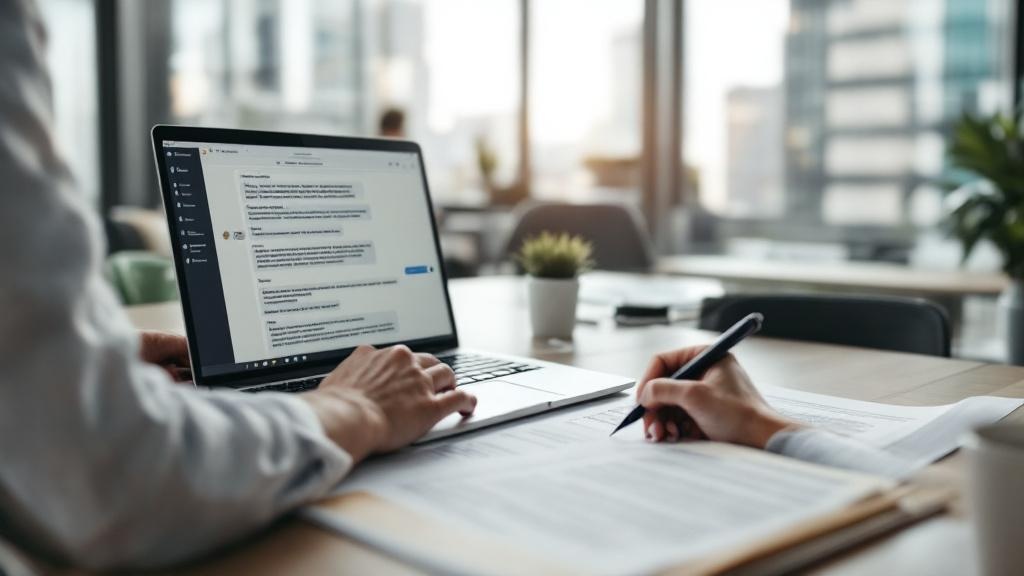 A clean, well-lit editorial photograph of a professional seated at a desk in a modern open-plan European office, possibly identifiable as London's Canary Wharf or a Berlin co-working space by the arch