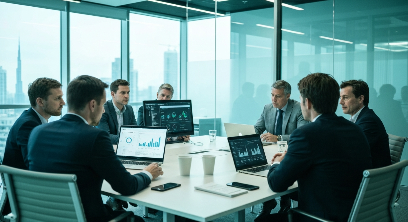 Editorial photograph taken inside a contemporary European enterprise technology environment: a glass-walled meeting room at a mid-sized German or Dutch company, visible screens displaying governance d
