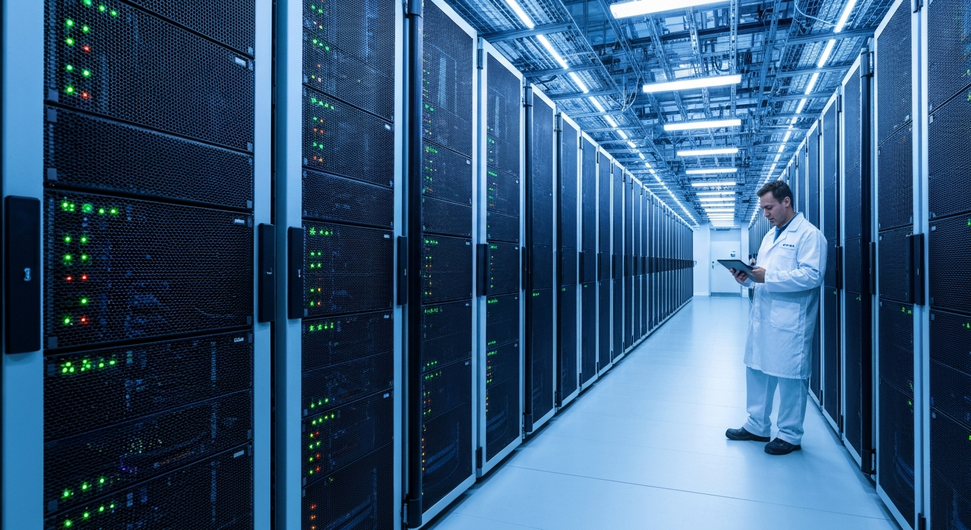 Wide-angle photograph of a European data centre interior, rows of server racks with blue LED indicator lighting, a lone engineer in a hard hat reviewing a tablet in the foreground, suggestive of on-pr