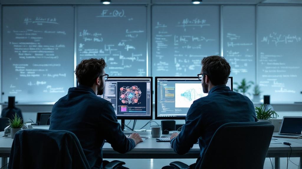 A wide-angle photograph taken inside a European university computing laboratory, showing two researchers reviewing code and neural network visualisations on dual monitors. The setting suggests ETH Zur