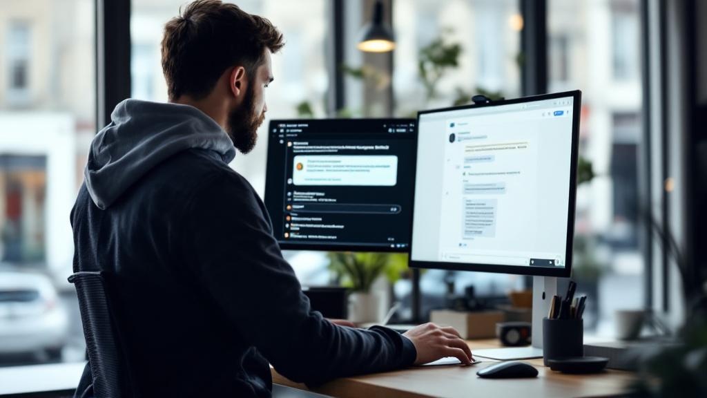 A software developer working at a standing desk in a modern open-plan office, screen showing a ChatGPT conversation thread with a visible content warning message. Shallow depth of field, natural windo