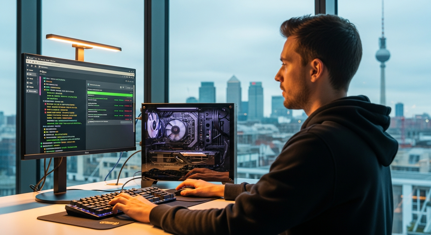 A developer at a standing desk in a modern co-working space, screen showing Ollama's terminal interface with a model responding to a query. Background features a large window overlooking a European ci