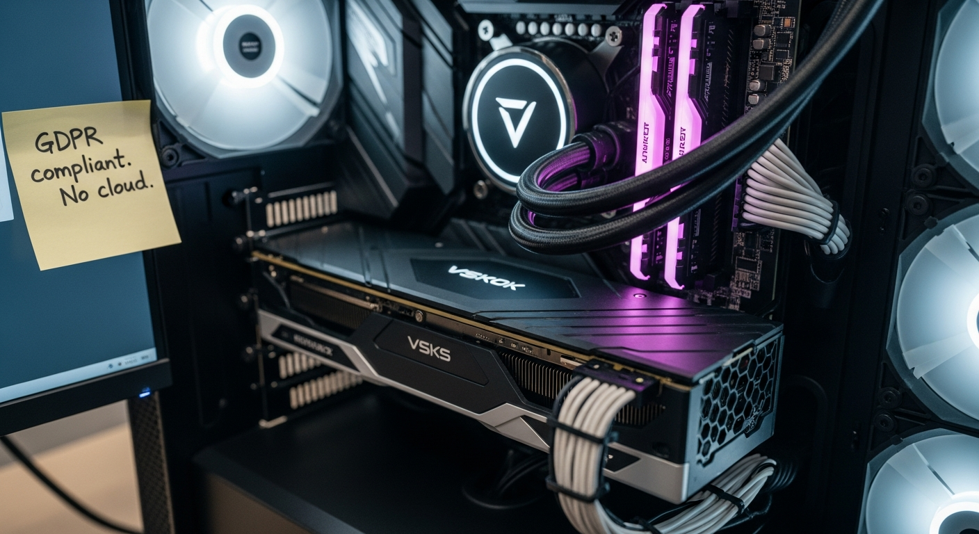 Close-up of a GPU inside a high-end desktop PC build, VRAM heatsink in sharp focus, surrounded by cable management and RGB-free clean aesthetics. A sticky note on the monitor frame reads 'GDPR complia