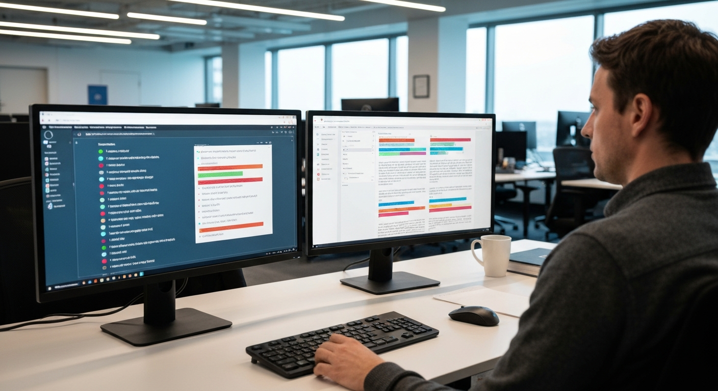 Editorial photograph taken inside a modern European newsroom, showing a journalist at a dual-monitor workstation reviewing a document with AI-flagged text highlighted on screen. The background feature