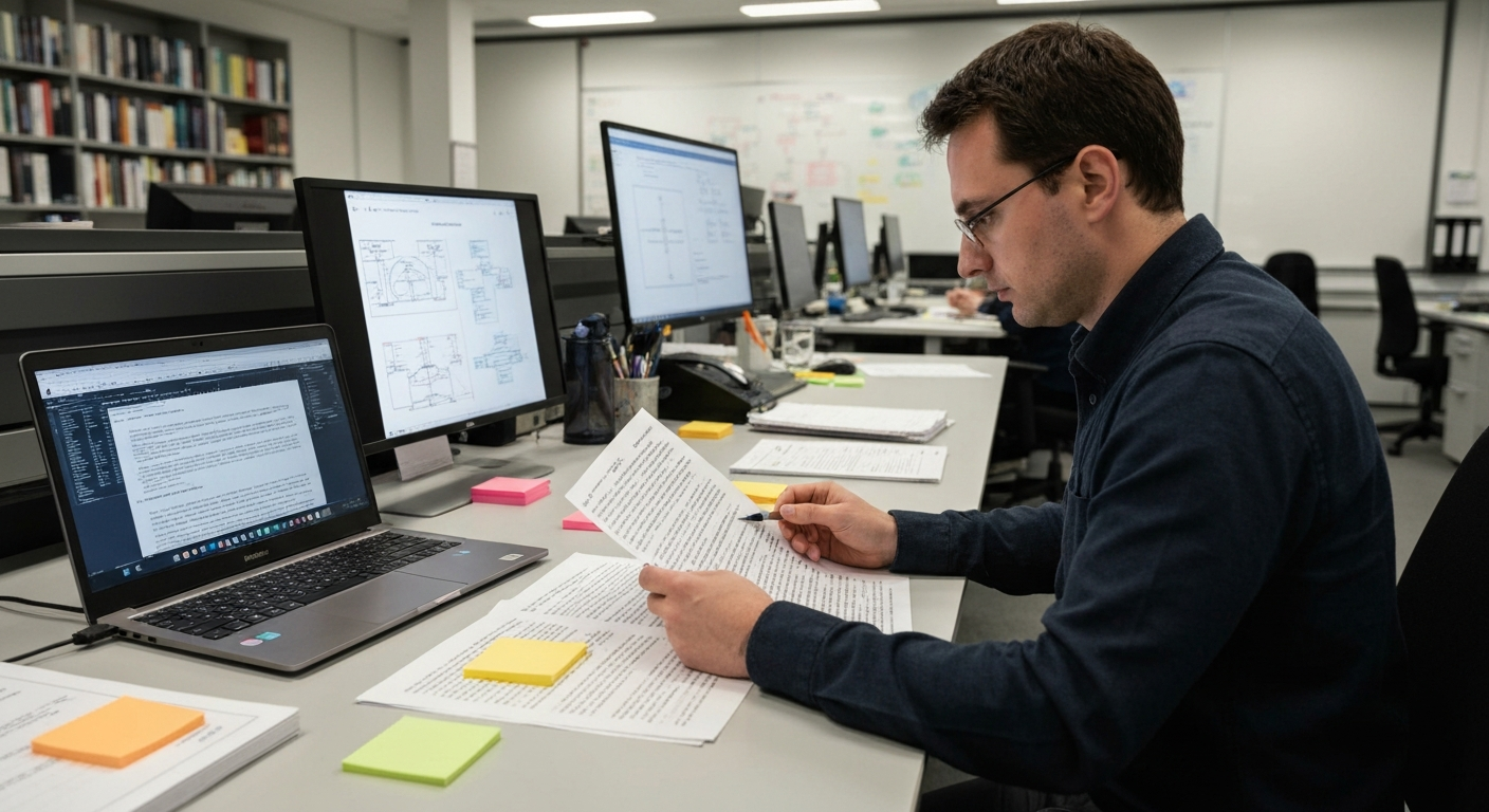 Wide-angle shot of a university lecture hall, likely styled after ETH Zurich or a comparable European research institution, where students sit at laptops with screens showing mixed human and AI-genera