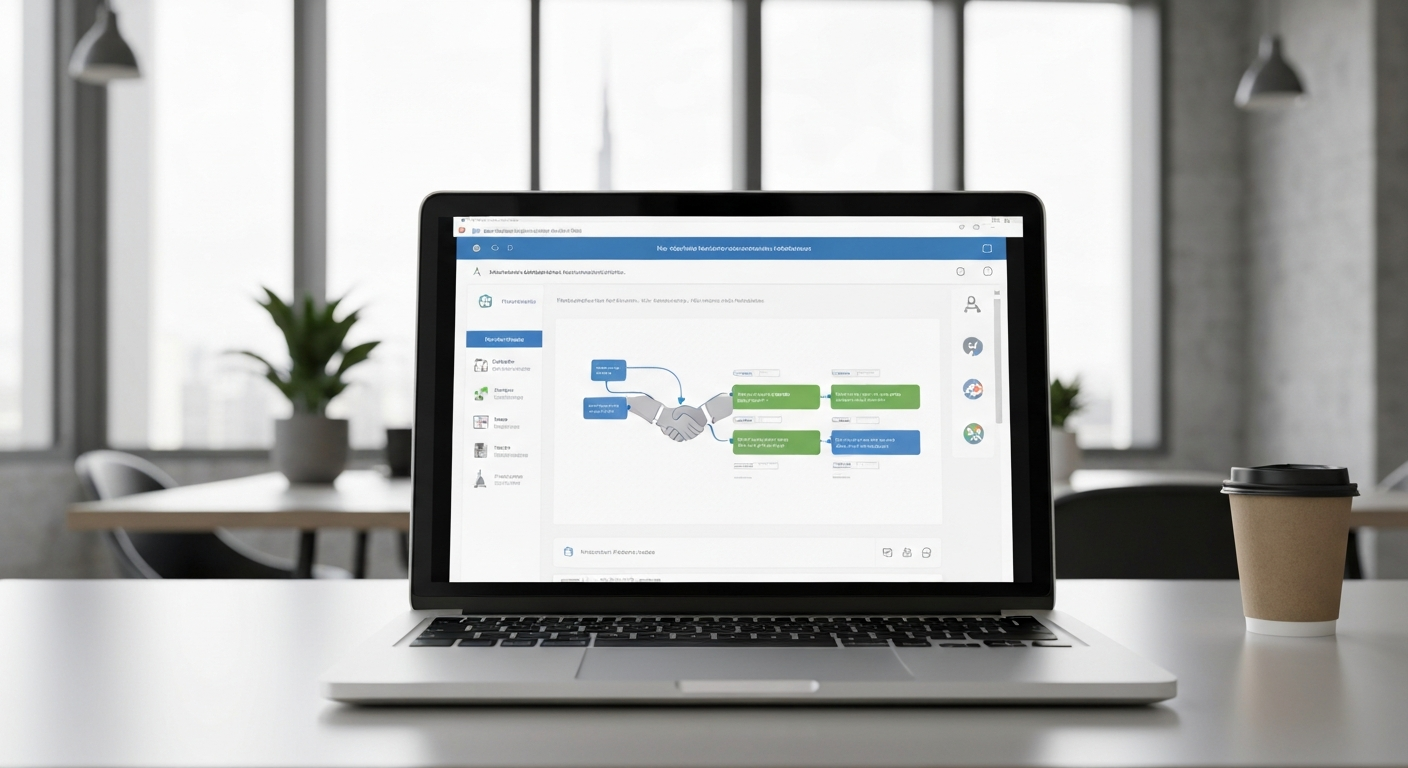 A wide-angle editorial photograph taken inside a contemporary European co-working space, showing a professional at a standing desk reviewing a visual workflow diagram on a large monitor. The interface