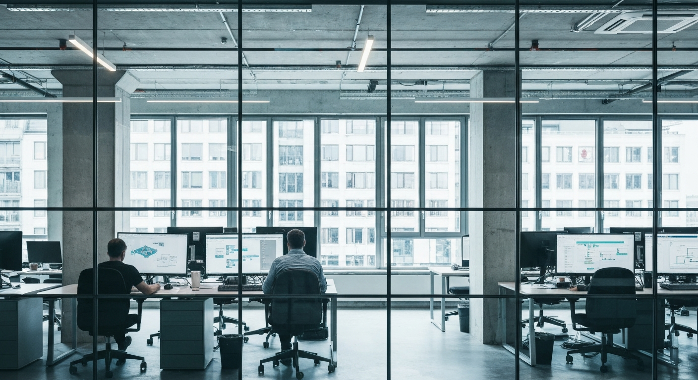 An editorial overhead photograph of a collaborative team session in a glass-walled meeting room at a European technology company. Three people are gathered around a laptop showing a multi-step agent w
