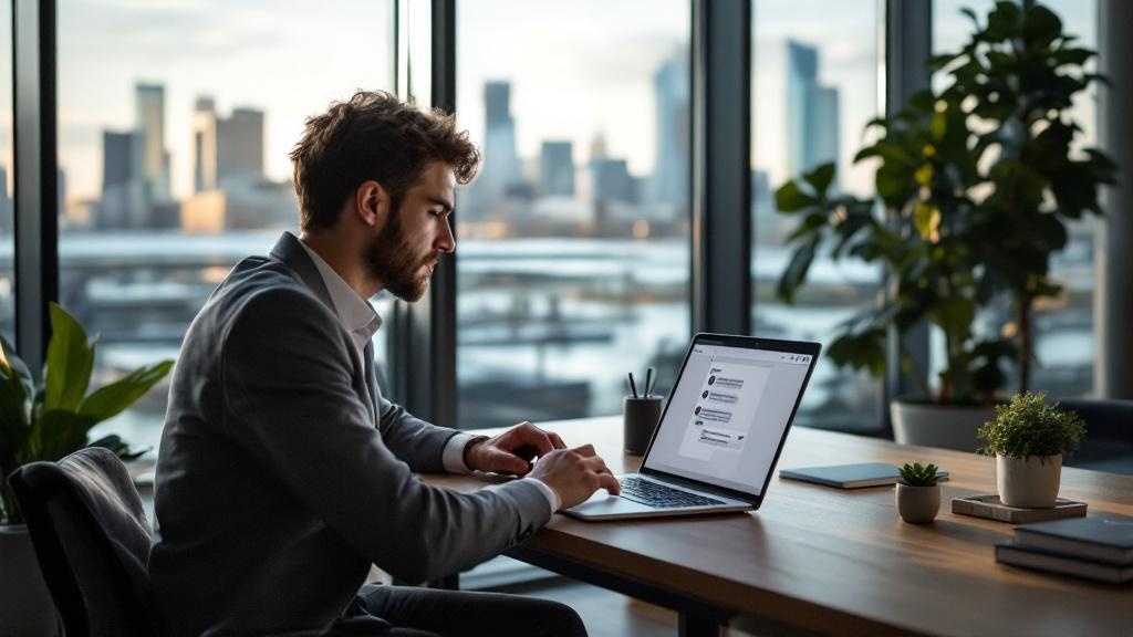 A wide-angle editorial photograph taken inside a modern co-working space in London's Canary Wharf district. In the foreground, a professional in business-casual clothing types at a laptop displaying a
