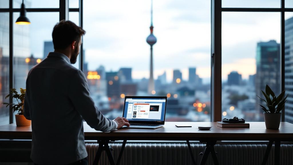 A wide-angle editorial photograph taken inside a modern European co-working space, such as one in Berlin or Amsterdam, showing a professional at a standing desk with a laptop open to a PowerPoint pres