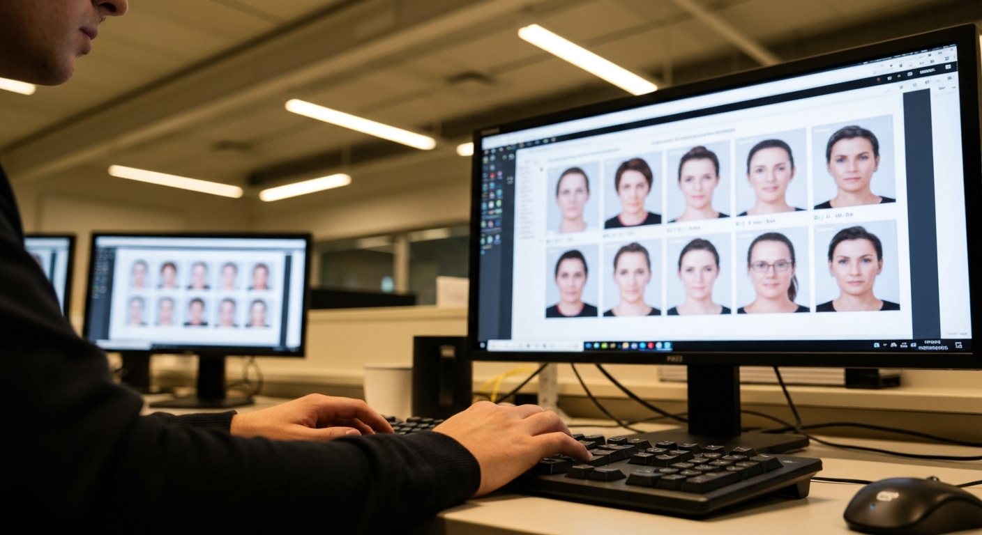 A close-up editorial photograph of a researcher's hands on a keyboard at ETH Zurich or a similar European research institution, with a large screen in the background displaying a grid of AI-generated 