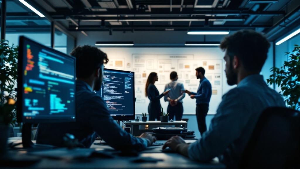 A wide-angle editorial photograph taken inside a modern AI research office in London's Canary Wharf or a Berlin technology campus. The foreground shows a developer's workstation with code visible on d