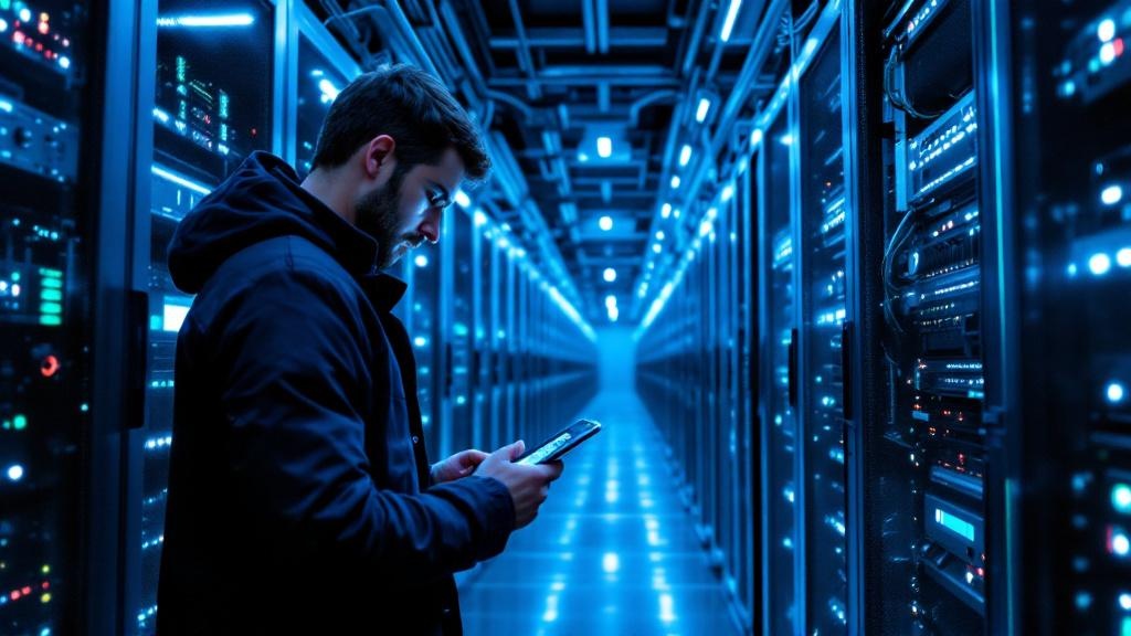 Wide-angle editorial photograph inside a European high-performance computing facility, such as the LUMI supercomputer centre in Finland or the Barcelona Supercomputing Center in Spain. Rows of server 
