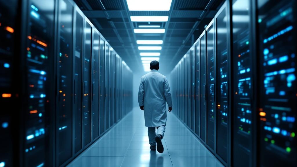 European data-centre cleanroom, rows of liquid-cooled GPU servers, an engineer walking the aisle in shallow depth of field