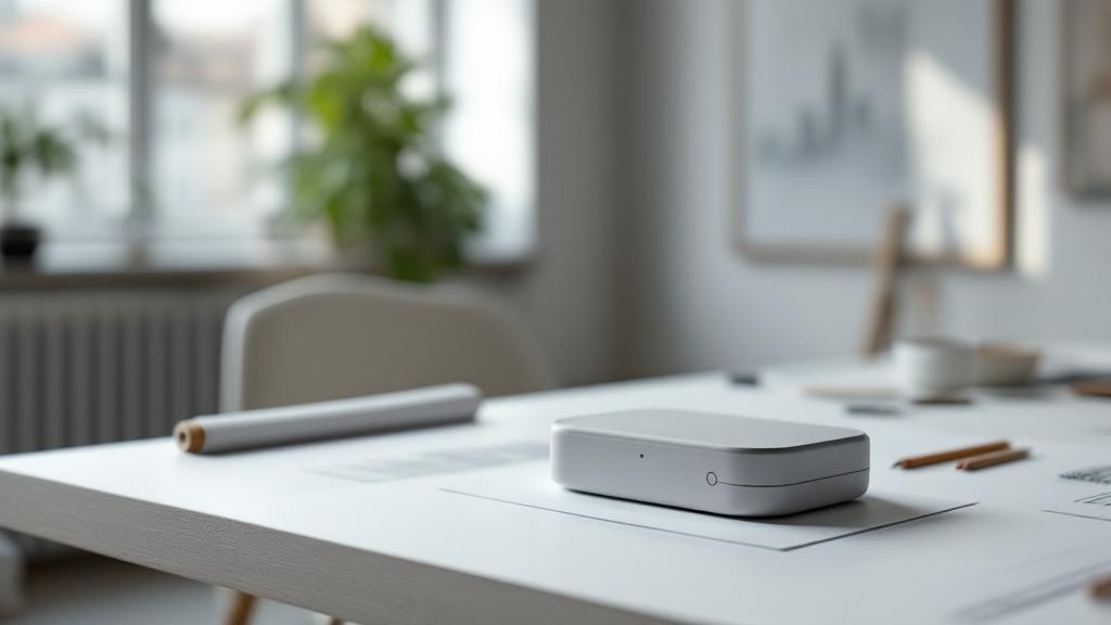 Editorial photograph taken inside a minimalist European product design studio, natural light from floor-to-ceiling windows, a small matte-finish handheld device prototype resting on a white drafting t