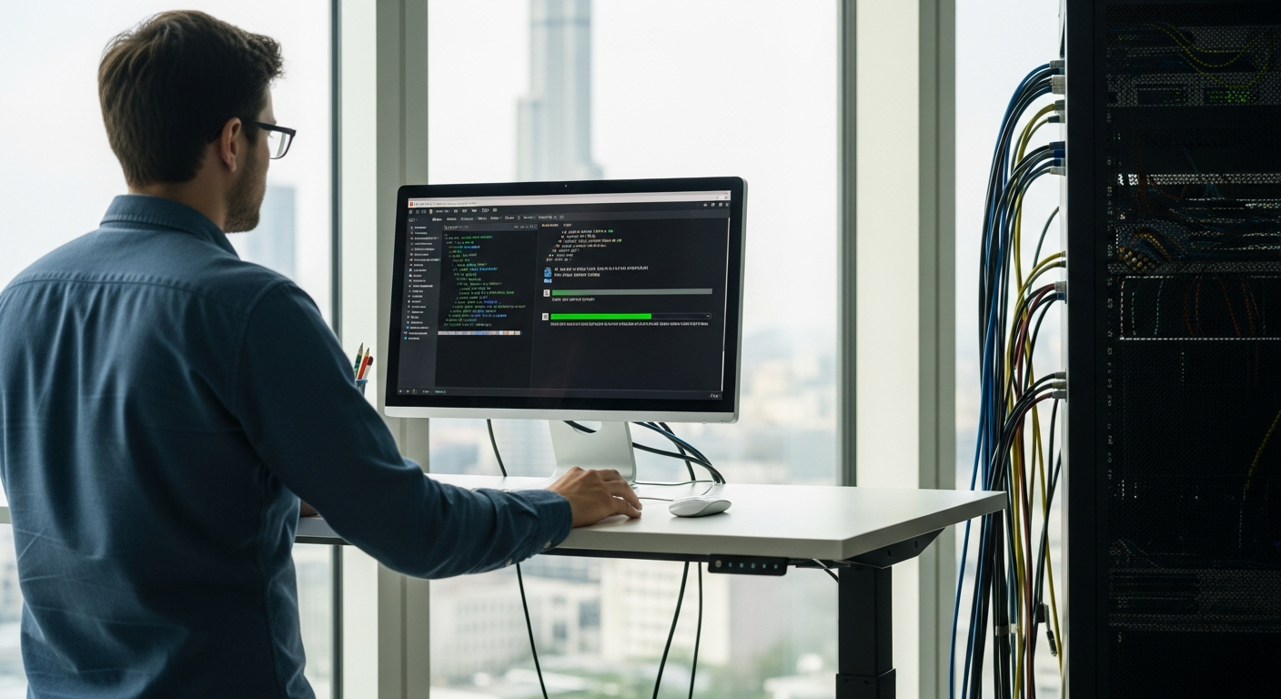 A developer at a standing desk in a modern European co-working space, screens displaying terminal output and a live agent dashboard. Natural light, clean industrial aesthetic reminiscent of a Berlin o